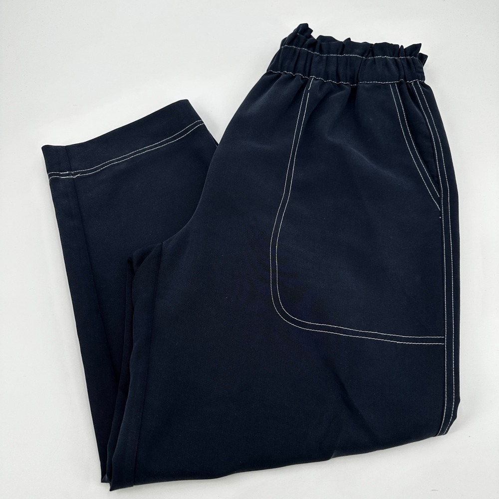 Zara Navy Blue Contrast Stitch Paperbag Waist Modal Pants Large Cropped Straight